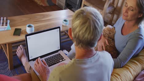 una pareja caucásica mayor sonriente usando una computadora portátil y sentada con un perro en la sala de estar