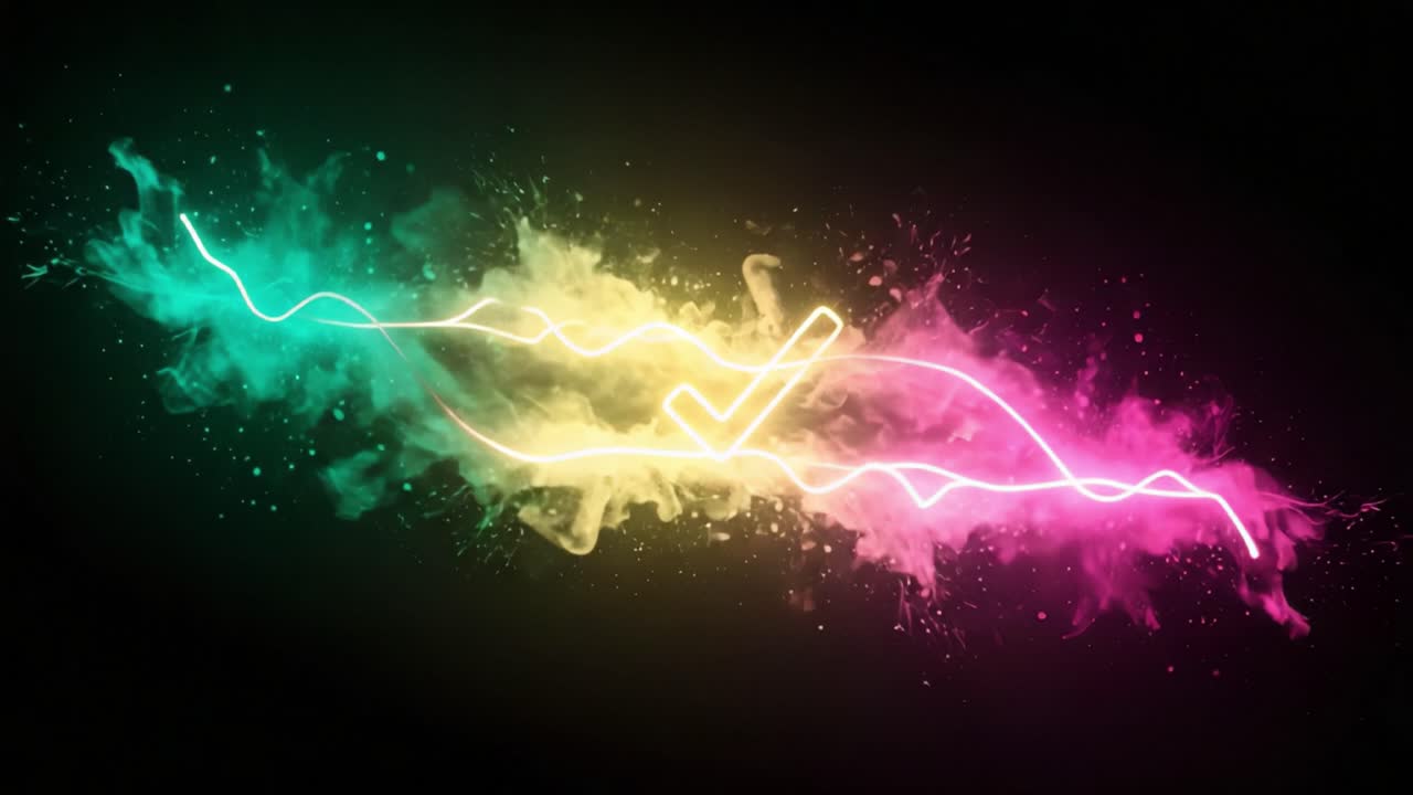 Una visualizzazione dinamica di onde colorate e segni di spunta che significano successo e completamento in uno stile artistico vibrante e astratto con schizzi radiosi di effetti simili a pittura.