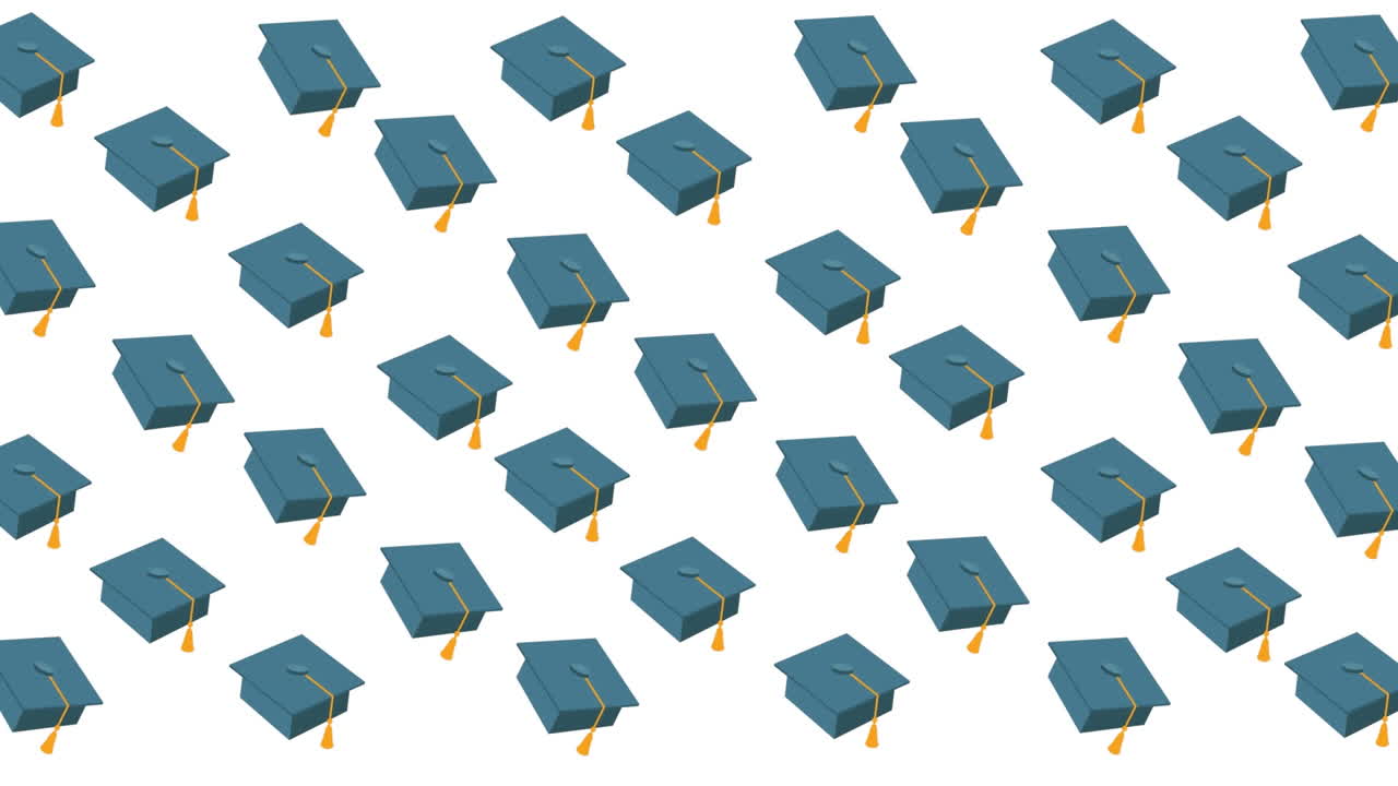 Animazione di file di cappelli da laurea, quaderni e materiale scolastico su sfondo bianco