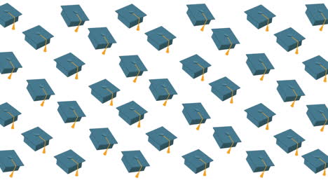 animación de filas de sombreros de graduación, cuadernos y artículos escolares sobre fondo blanco