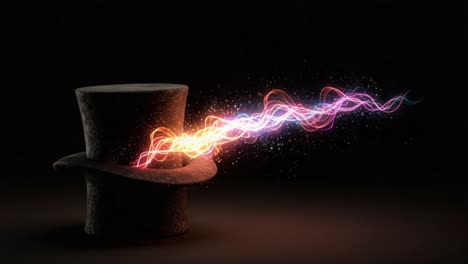a mysterious top hat releasing a vibrant stream of colorful magic energy, capturing the essence of illusion and wonder in a dark background