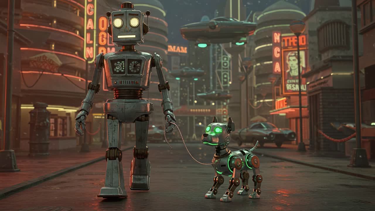 In a futuristic cityscape, a charming robot walks its playful robotic dog, both illuminated by neon lights and surrounded by retro-styled buildings and hovering vehicles