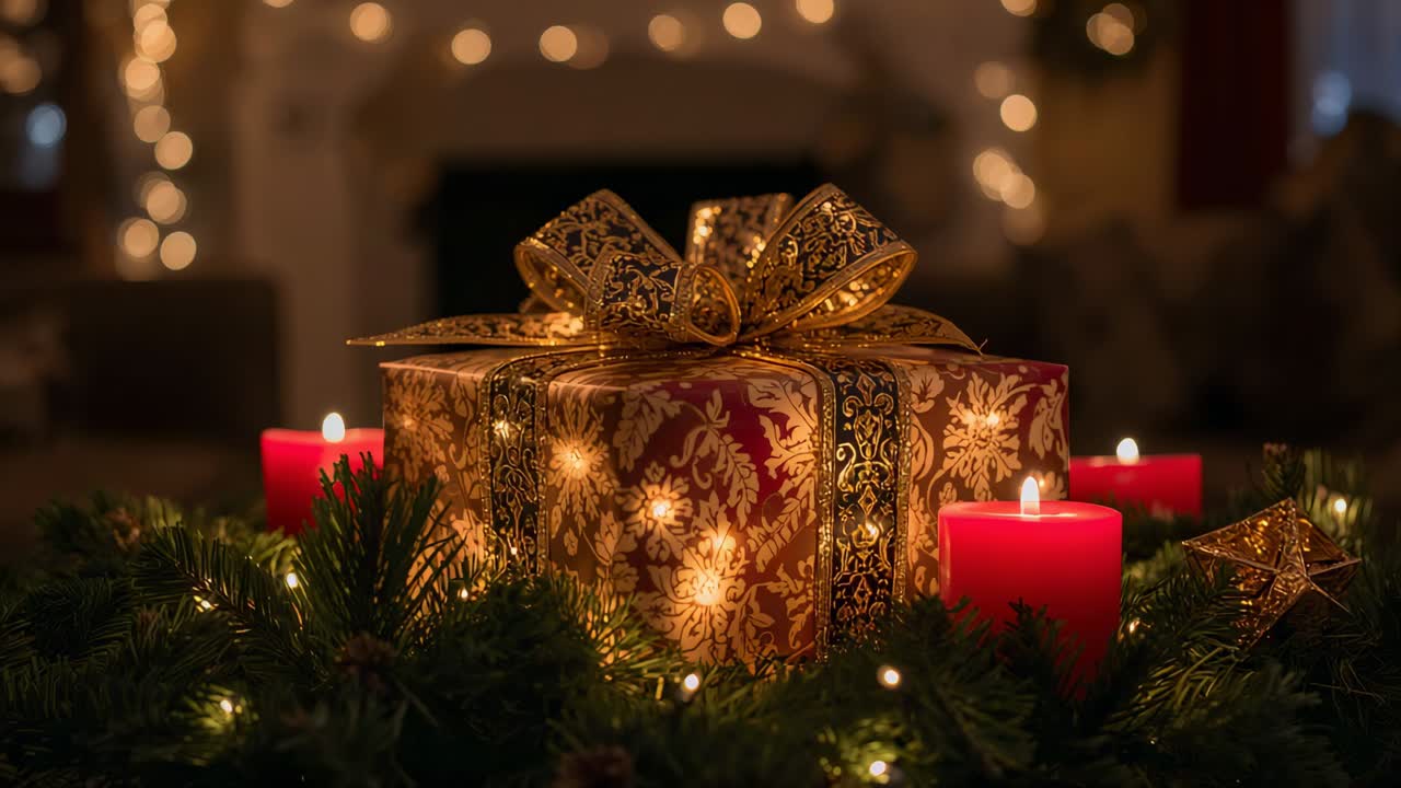 Blinking lights and flickering candle flames casting sparkle on red gold gift box, mantel garland