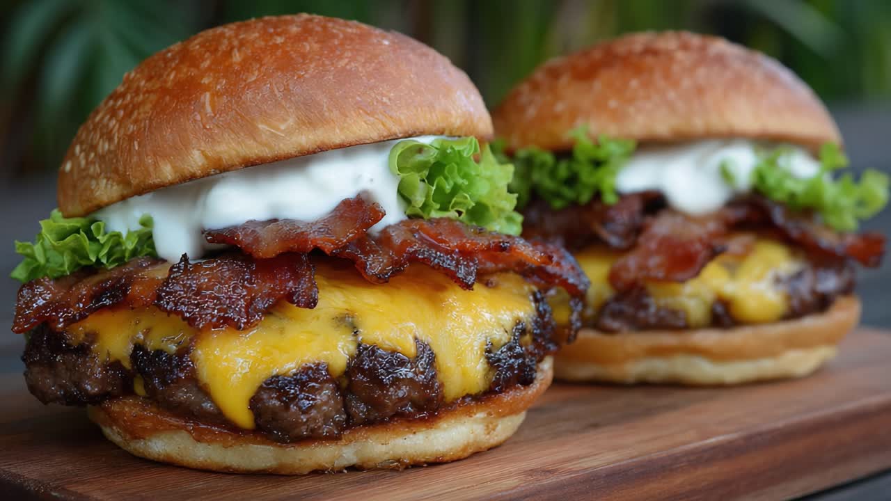 Deliciosa Hamburguesa Doble con Queso: Jugosas hamburguesas de carne cubiertas con queso cheddar derretido, tocino crujiente, lechuga fresca y salsa cremosa, todo ello en un pan tostado.
