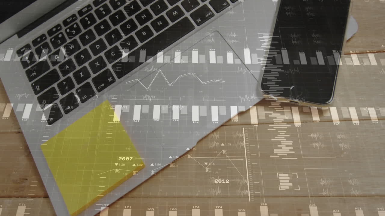 Data-driven desk being animated with laptop keyboard, phone, sticky notes and floating charts