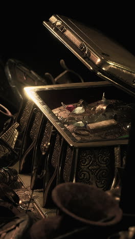 a close-up of an ornate treasure chest filled with jewels