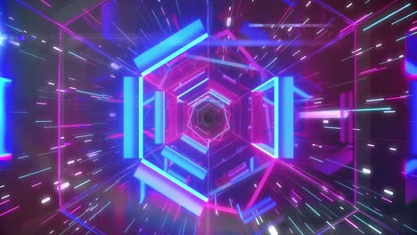 Animation-Von-Neonformen,-Die-Sich-über-Einen-Digitalen-Tunnel-Bewegen