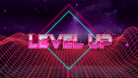 Animation-of-level-up-over-neon-triangles,-squares-and-metaverse-landscape