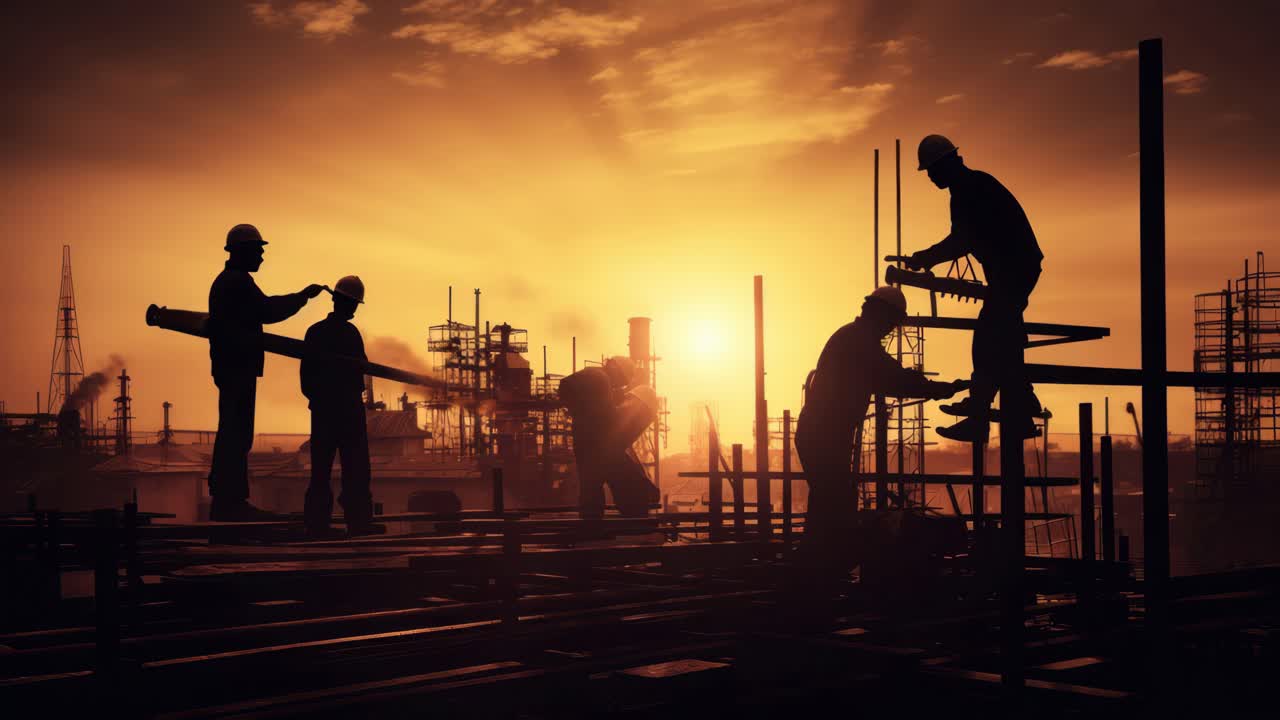 Silhouetted workers on scaffolding at sunset, captured from a low angle