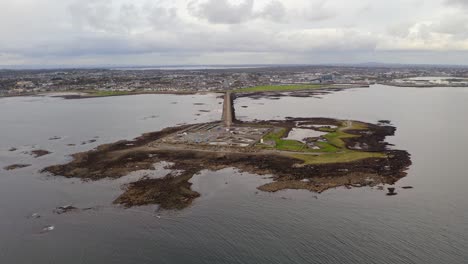 panoramic aerial overview of mutton island leading back to causeway across galway bay ireland