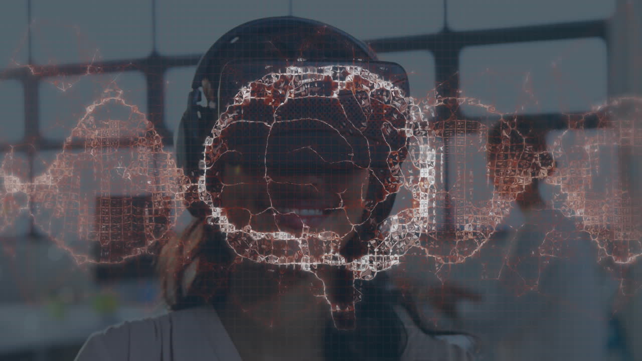 Animation of human brain spinning and data processing over businesswoman wearing vr headset