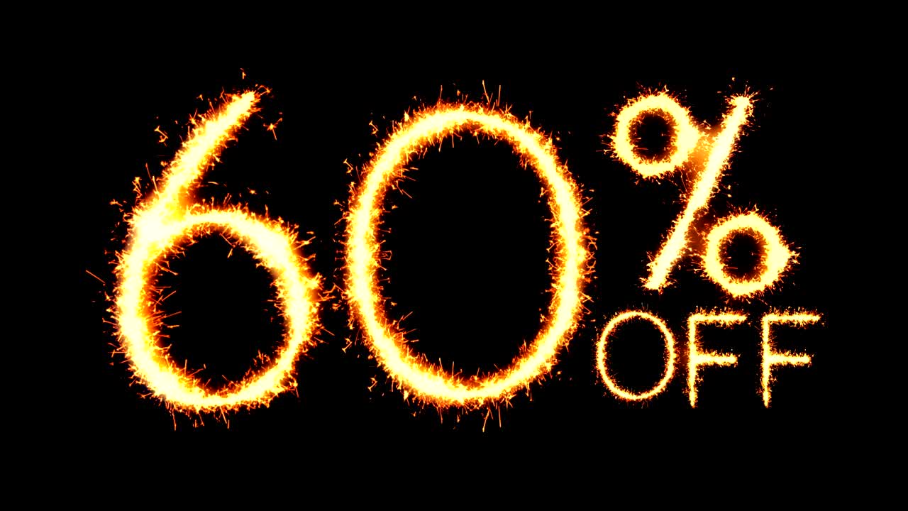 60% de descuento en texto, brillo, chispas, animación de bucle de fuegos artificiales