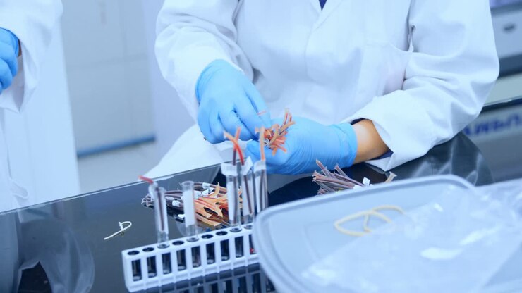 Laboratory technicians arranging blood samples 4k