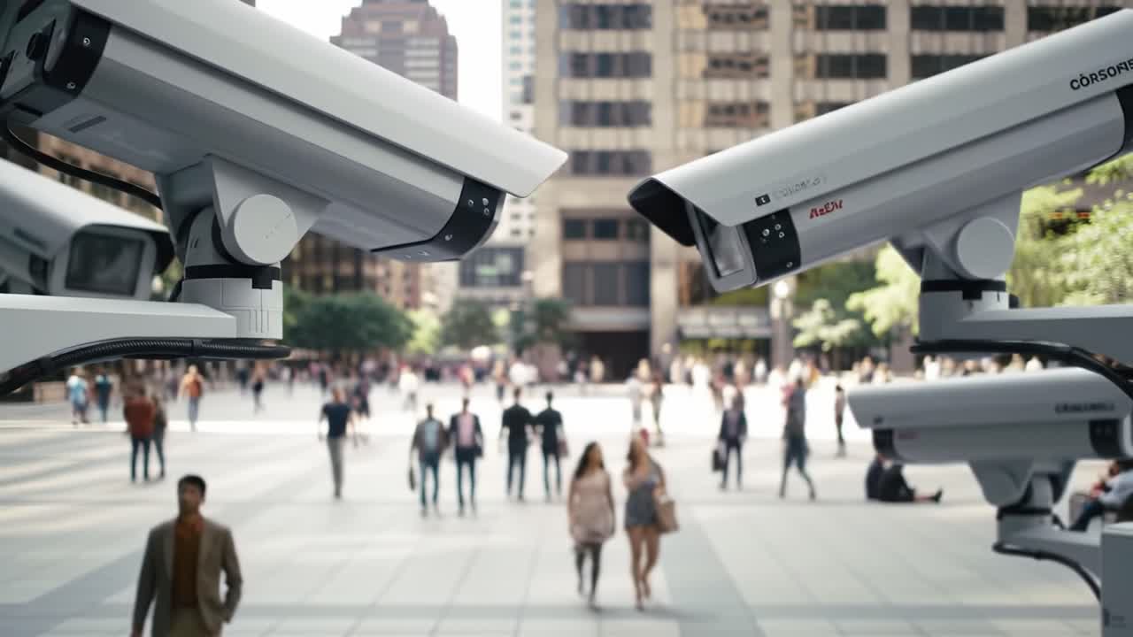 Surveillance Cameras Over a Busy Urban Plaza: Observing Foot Traffic and City Life in Modern Public Spaces Amidst Connected Technology and Urbanization