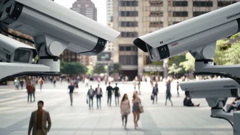 surveillance cameras over a busy urban plaza: observing foot traffic and city life in modern public spaces amidst connected technology and urbanization