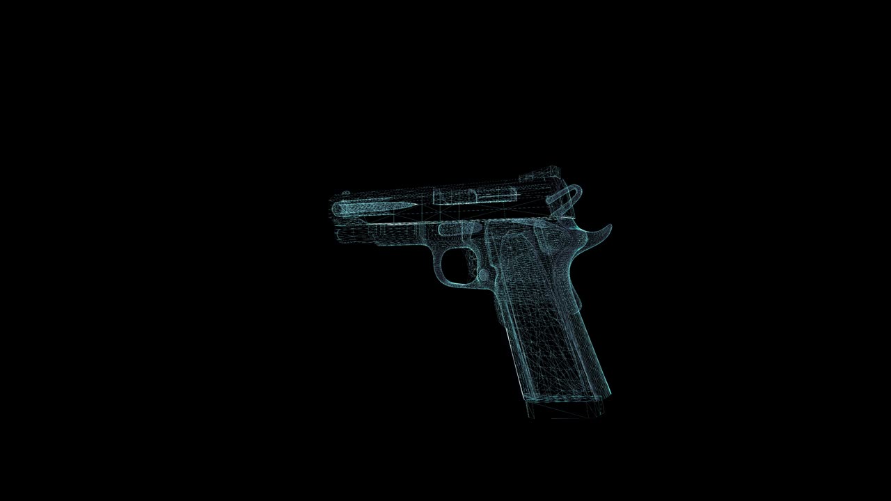 Gun Hologram Wireframe. Nice 3D Animation on a black background with a seamless loop for futuristics projects