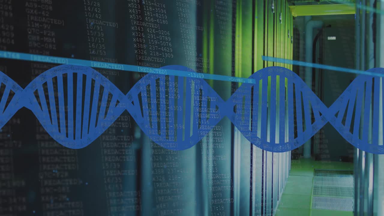 Animation of data processing and dna strand over server room