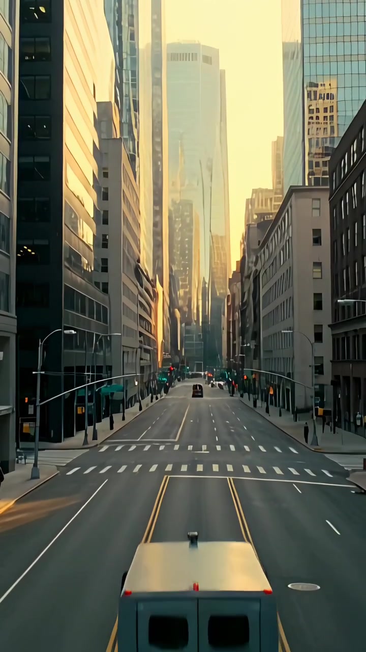 Video verticale: Telecamera che avanza rivelando un viale del centro con il sole basso, mostrando le linee della corsia e un veicolo.