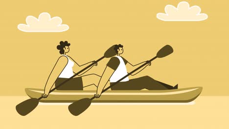 yellow style man and woman flat characters swims in kayak. isolated loop animation with alpha channel