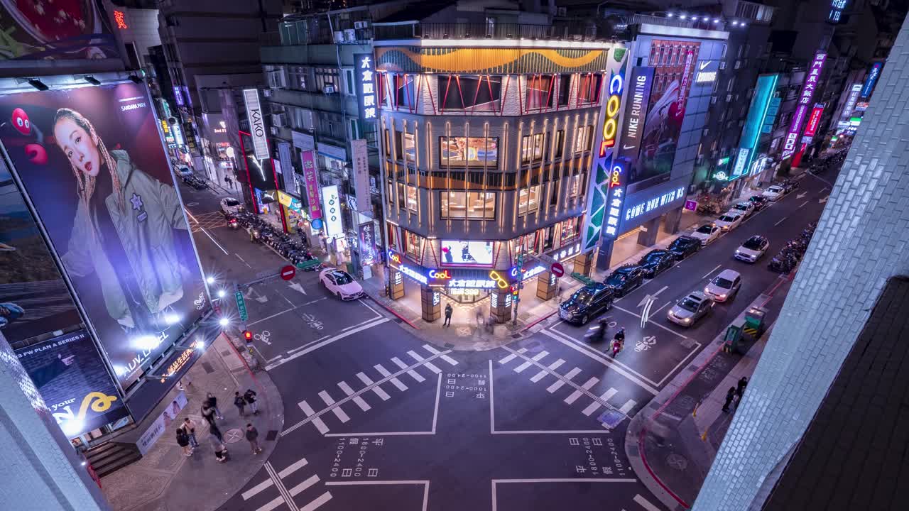 Vibrant Night Timelapse of Pedestrians and Traffic Flow at the Bustling Ximen Intersection in Central Taipei, Taiwan, Illuminated by City Lights
