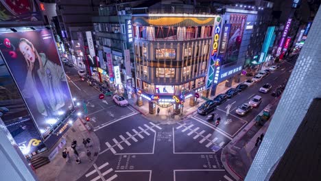 vibrant night timelapse of pedestrians and traffic flow at the bustling ximen intersection in central taipei, taiwan, illuminated by city lights