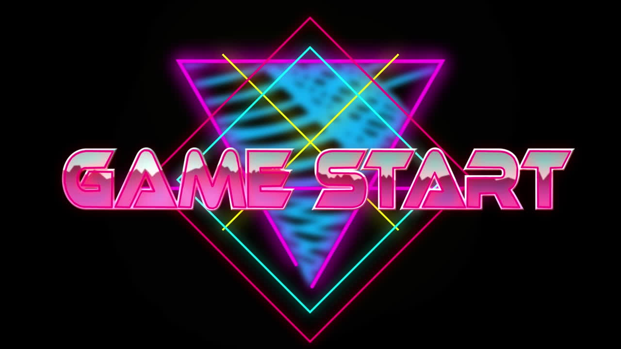 Animazione del testo "inizio gioco" su scie luminose e forme al neon su sfondo nero