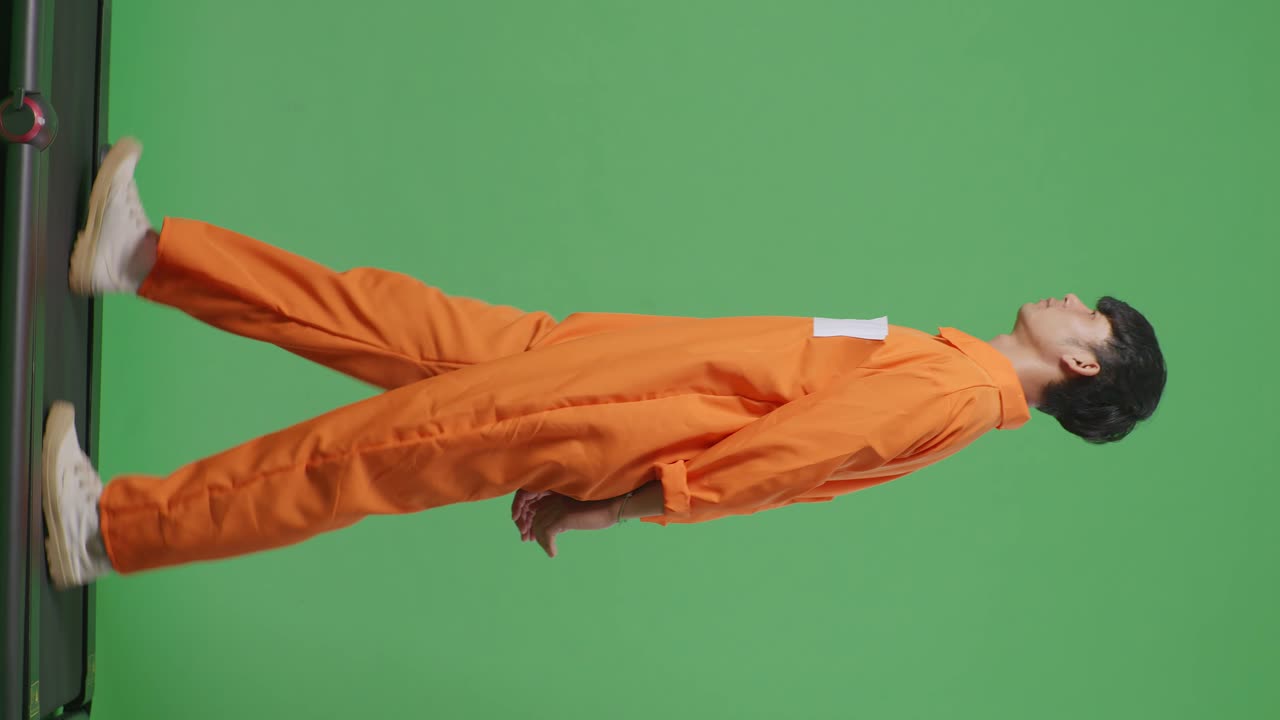Side View Full Body Of Asian Male Prisoner In Handcuffs Walking On The Green Screen Background