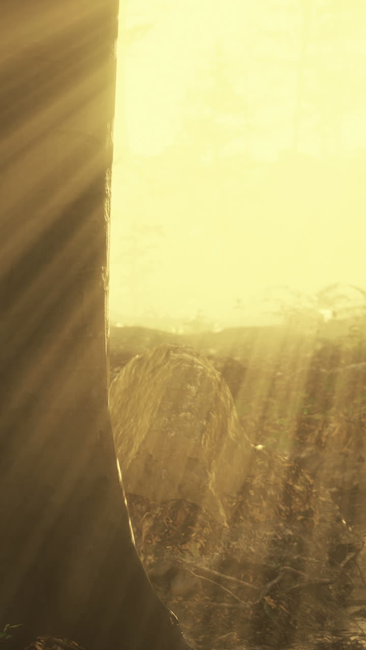 rayos de sol a través de los árboles en un bosque de niebla