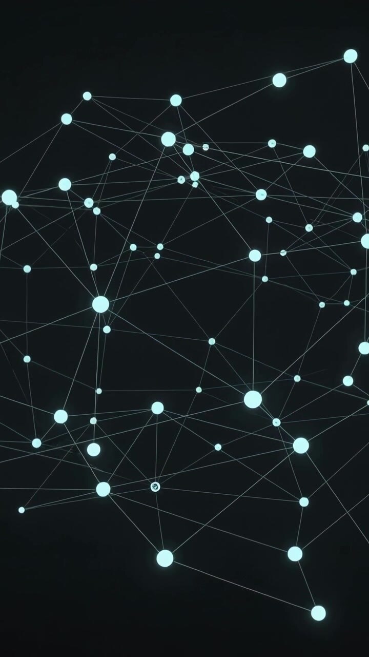 Video verticale: Mostra nodi di rete in movimento, che chiudono collegamenti su sfumatura scura tramite codice per la visualizzazione