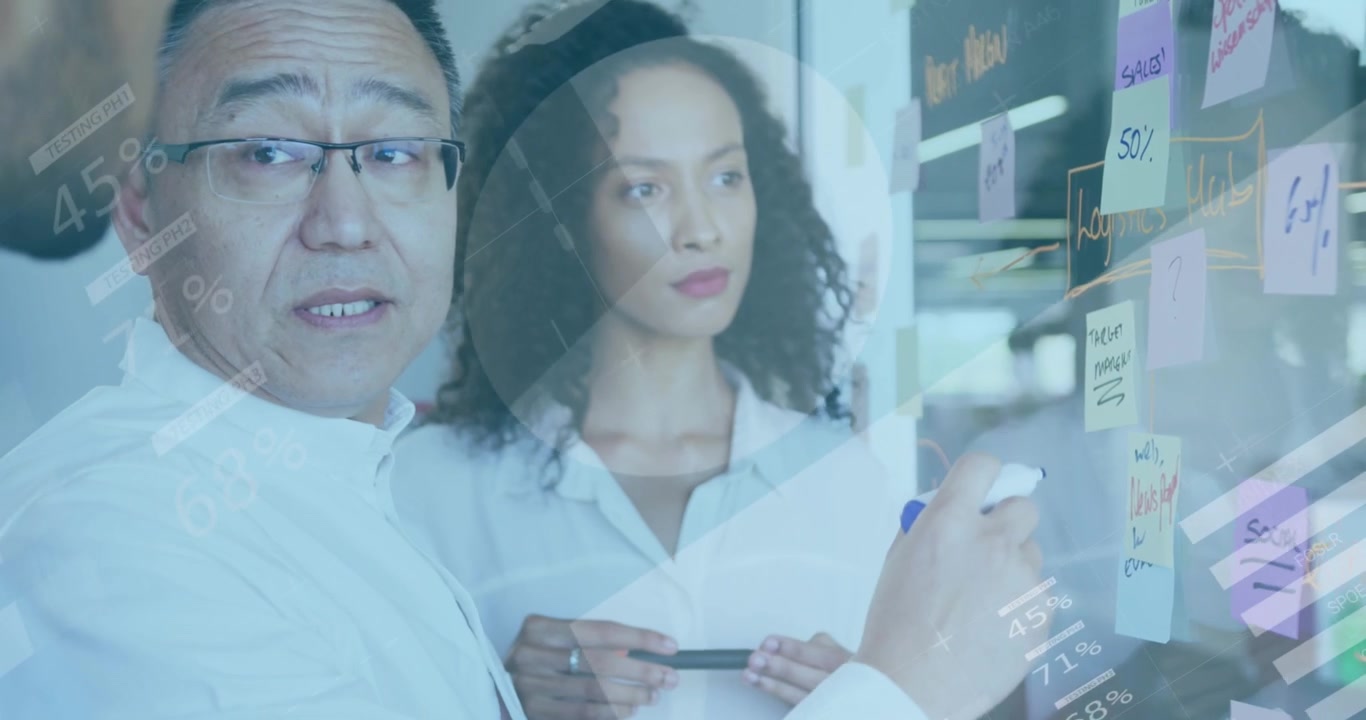 Animation of digital infographic interface over multiracial coworkers discussing and writing notes