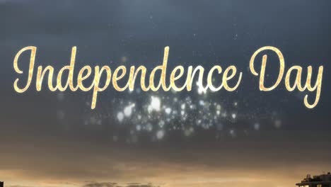 animation of independence day text with glowing lights and stormy sky