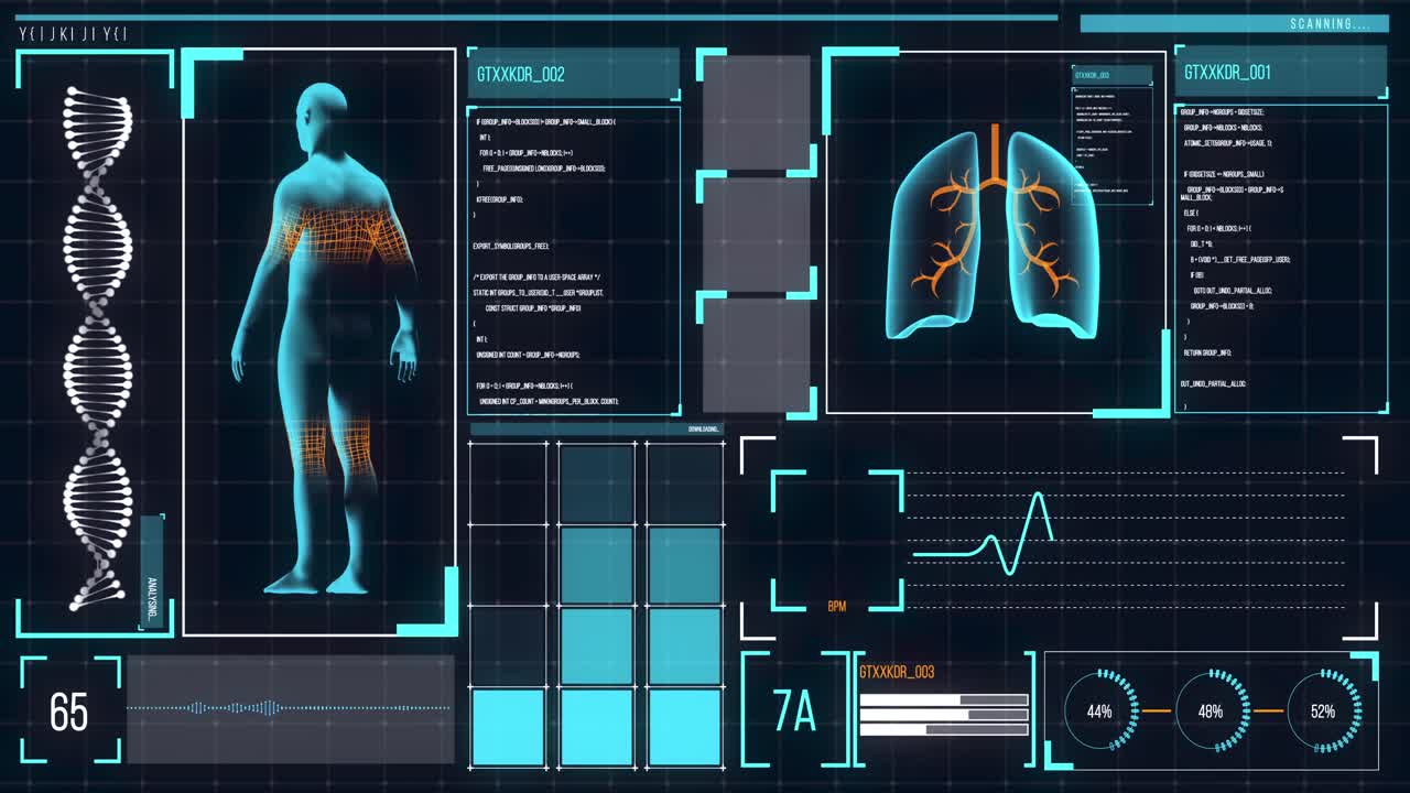 Animation of the human body analyzed on a screen, lungs and heart beat analyzed, medical information