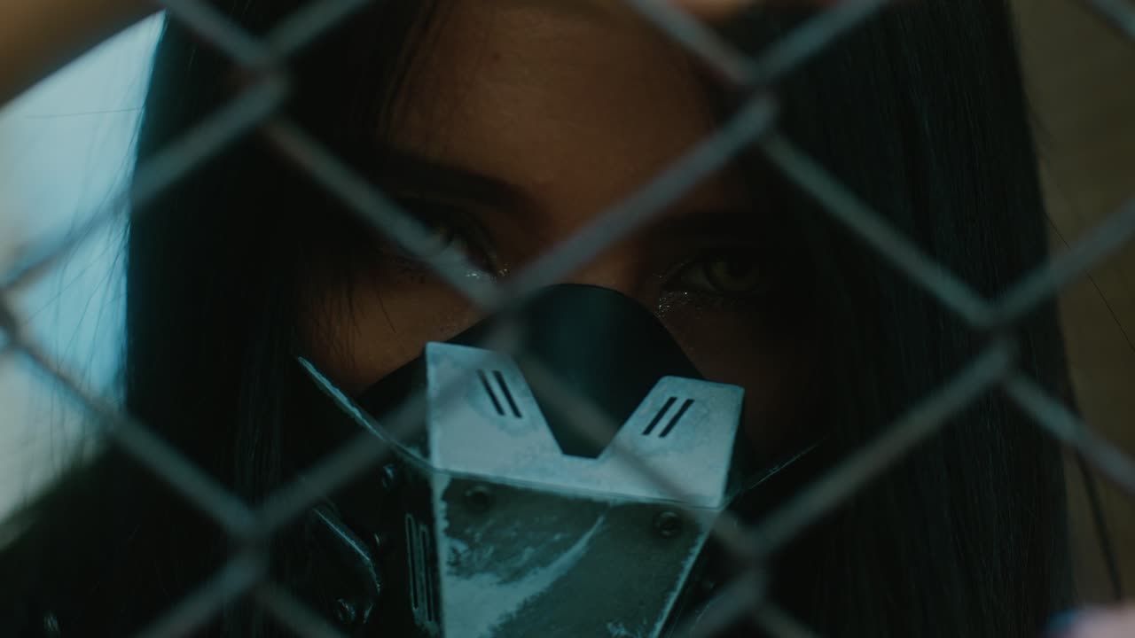 Woman in Cyberpunk Mask Behind Fence