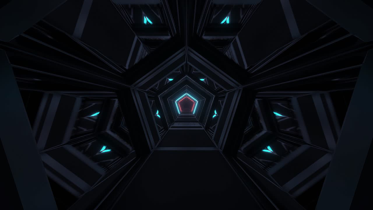 túnel en forma de pentágono iluminado en rojo cian con un camino brillante en la arquitectura futurista del pasillo, animación gráfica 3d cgi renderizada