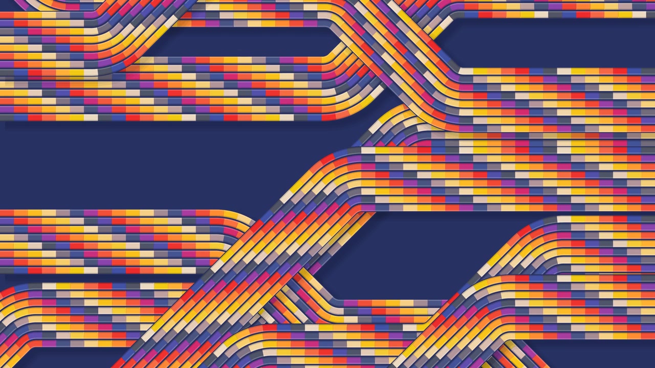 Linee vibranti che si intersecano con motivi pixel retrò creano un effetto di movimento dinamico e senza soluzione di continuità per display digitali moderni