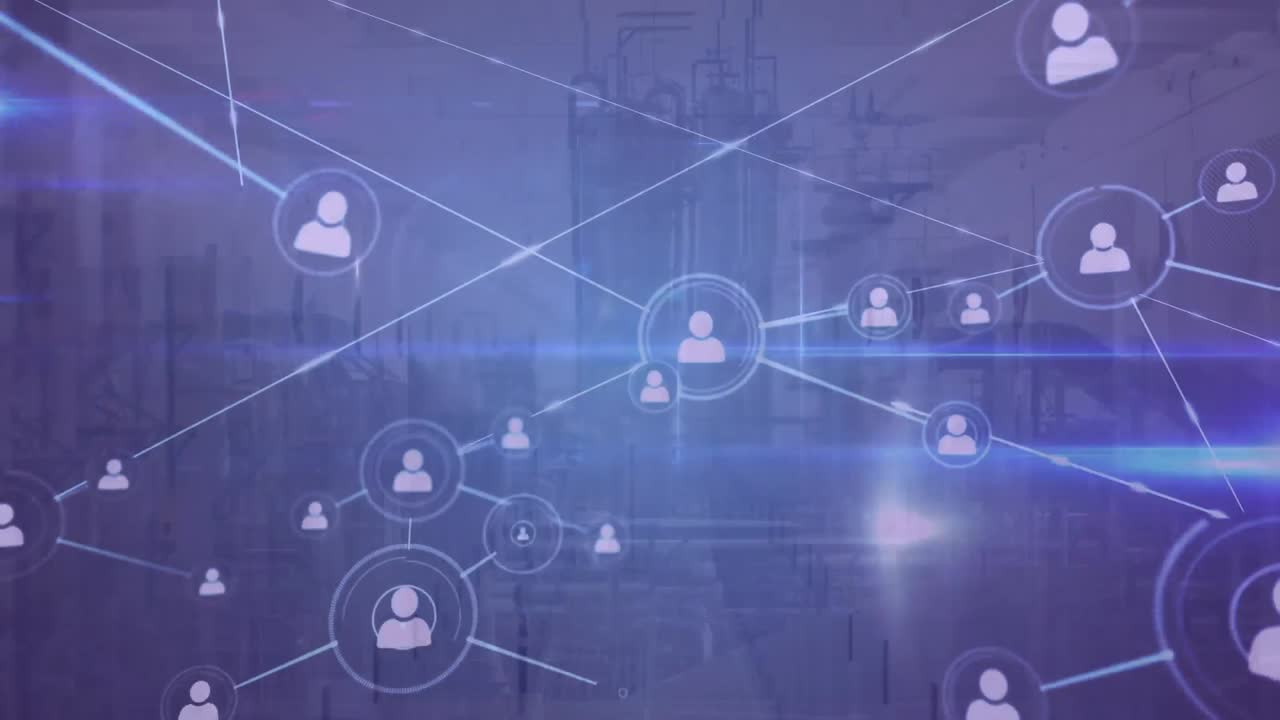 Animation of network of connections and media icons over cityscape