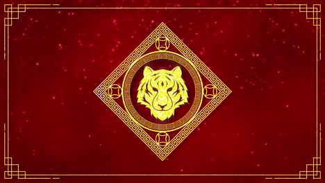 motion graphic of golden tiger logo with chinese new year and year of the tiger 2022 on dark red background and glitter particle in a happy new year concept seamless loop video