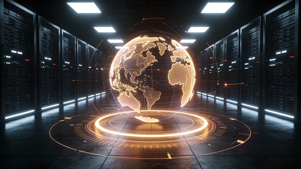 Rotating hologram globe hovering above platform amid servers on signal, mapping data links
