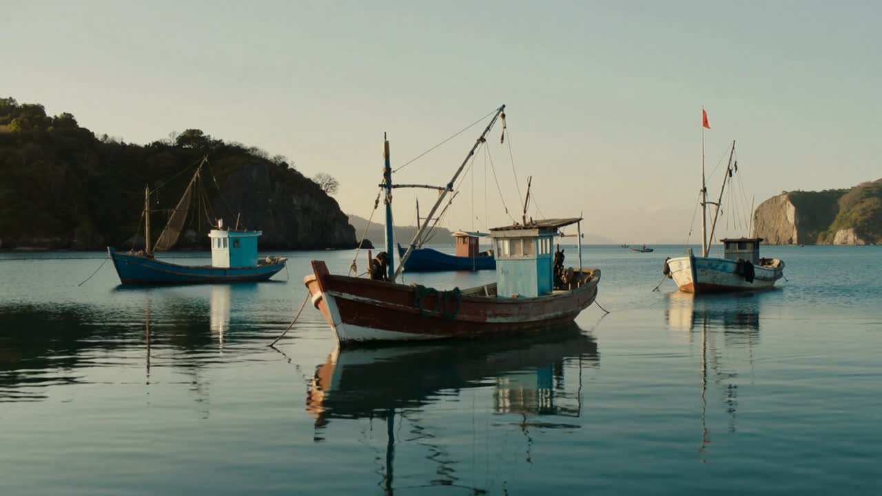 Barca da pesca rossa che ondeggia con una leggera brezza che muove la bandiera, l'equipaggio che assicura le cime nelle riflessioni di una baia calma.