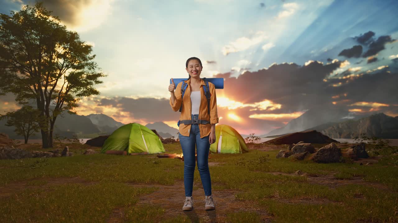 Happy Woman Camping at Sunrise