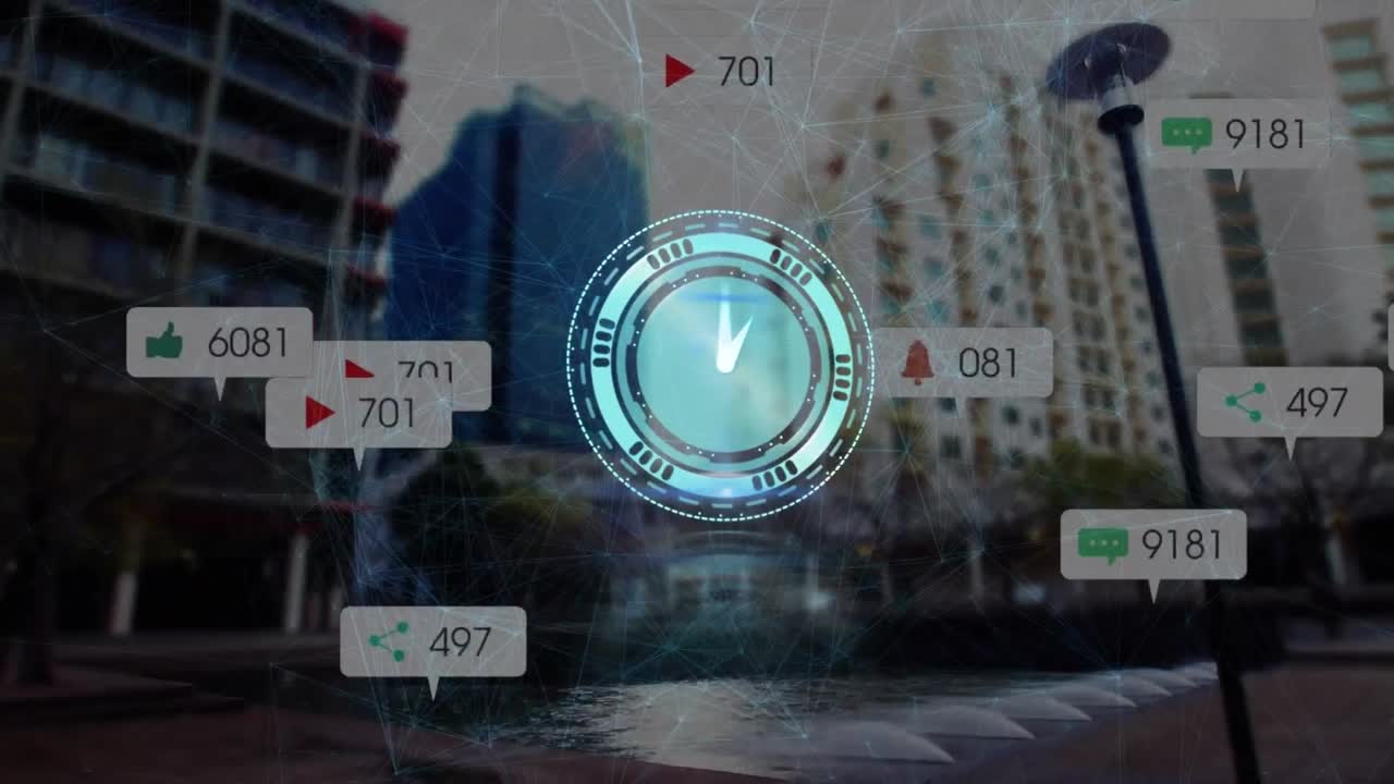 시계와 소셜 미디어 아이콘의 도시 풍경 애니메이션