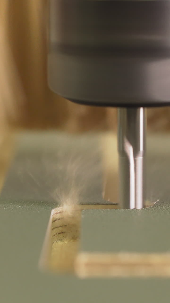 Small drill cutter cuts out ornament and brush cleans dust at carpentry plant macro view. Lathe machine tool carves lines on plywood in workshop
