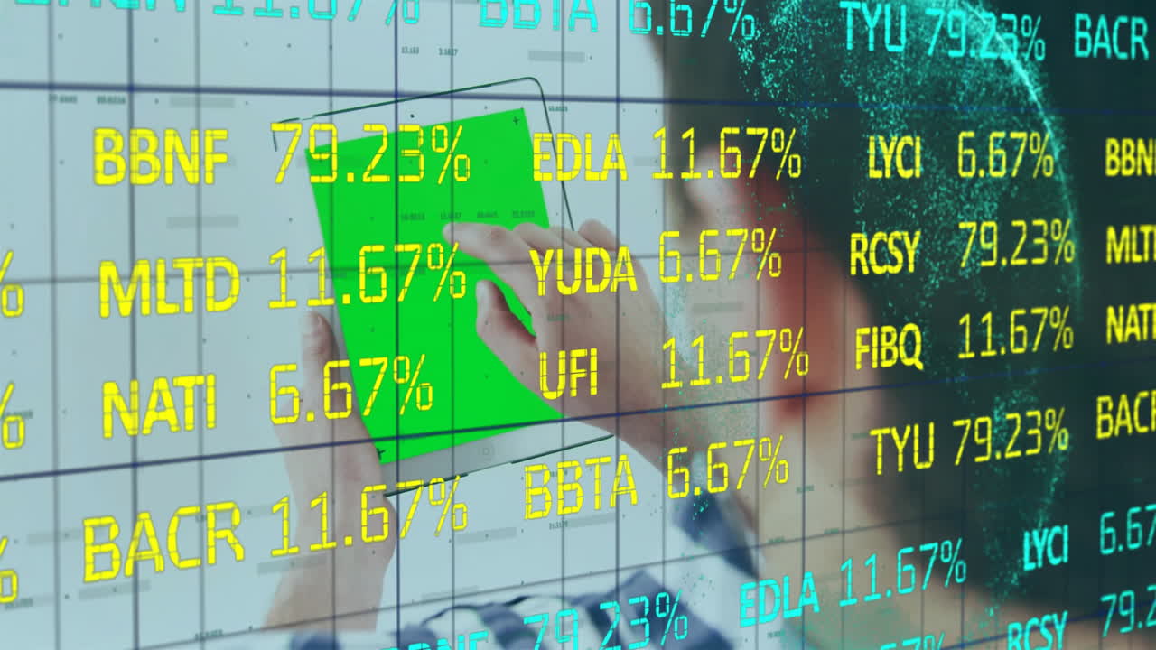 Using smartphone, person viewing financial data and stock percentages with animation