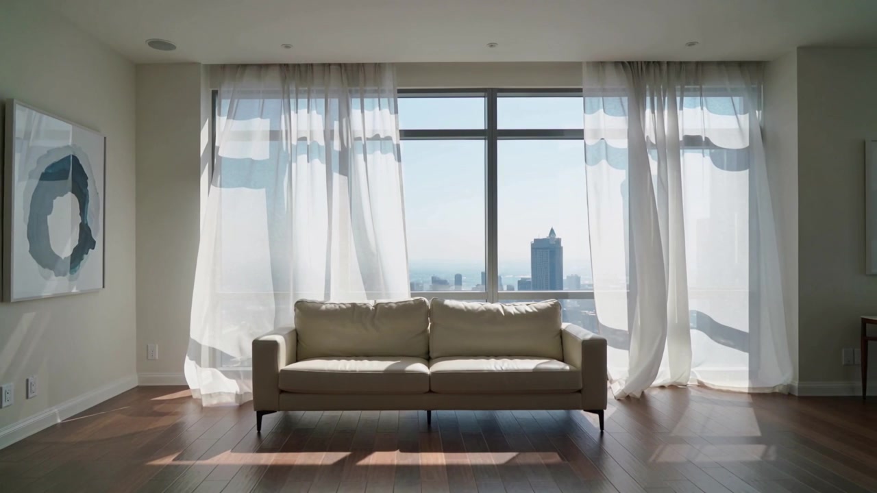 Billowing curtains from gentle breeze showing sunlight across 2-seat sofa at center in city home