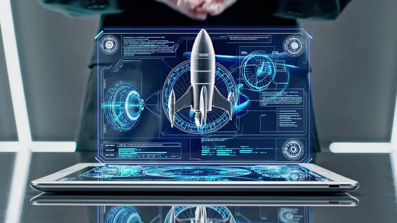 Futuristic video concept of a holographic rocket emerging from a tablet
