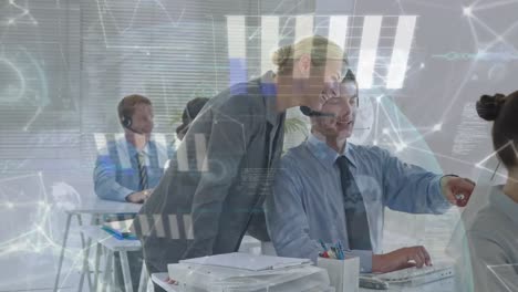 animation of network of connections with icons over business people using phone headsets