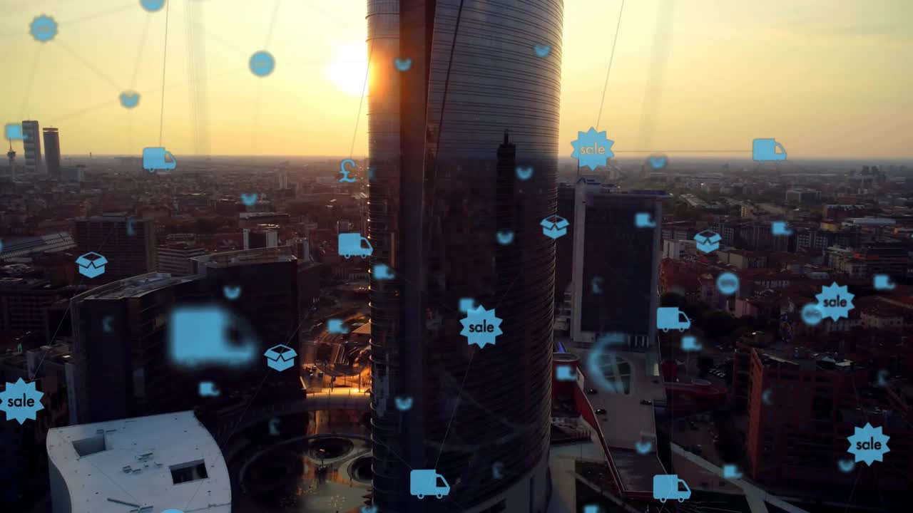 Drone che orbita attorno a un grattacielo, avviando icone blu che svaniscono, connettendo e visualizzando pulsando una catena di approvvigionamento.