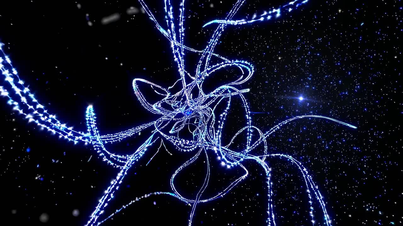 Dynamic video of glowing blue light trails twisting in space, captured from a centered angle