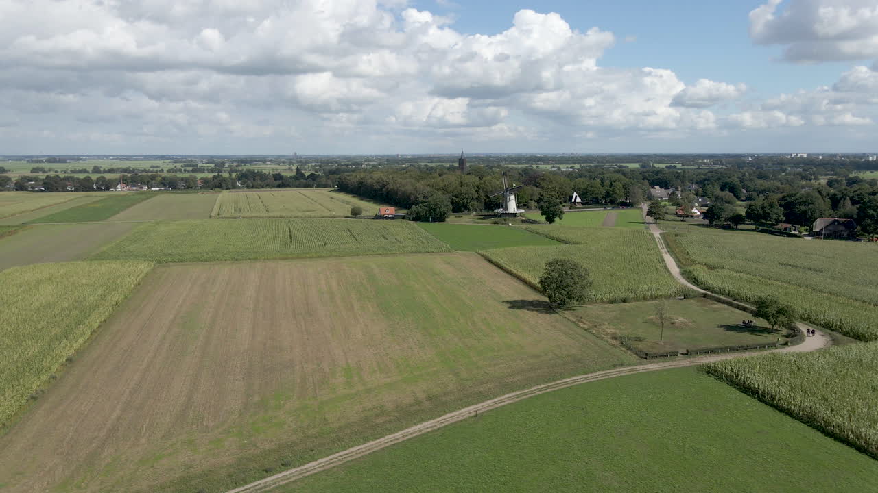 foque ancho abajo del molino de viento tradicional rodeado de verdes prados
