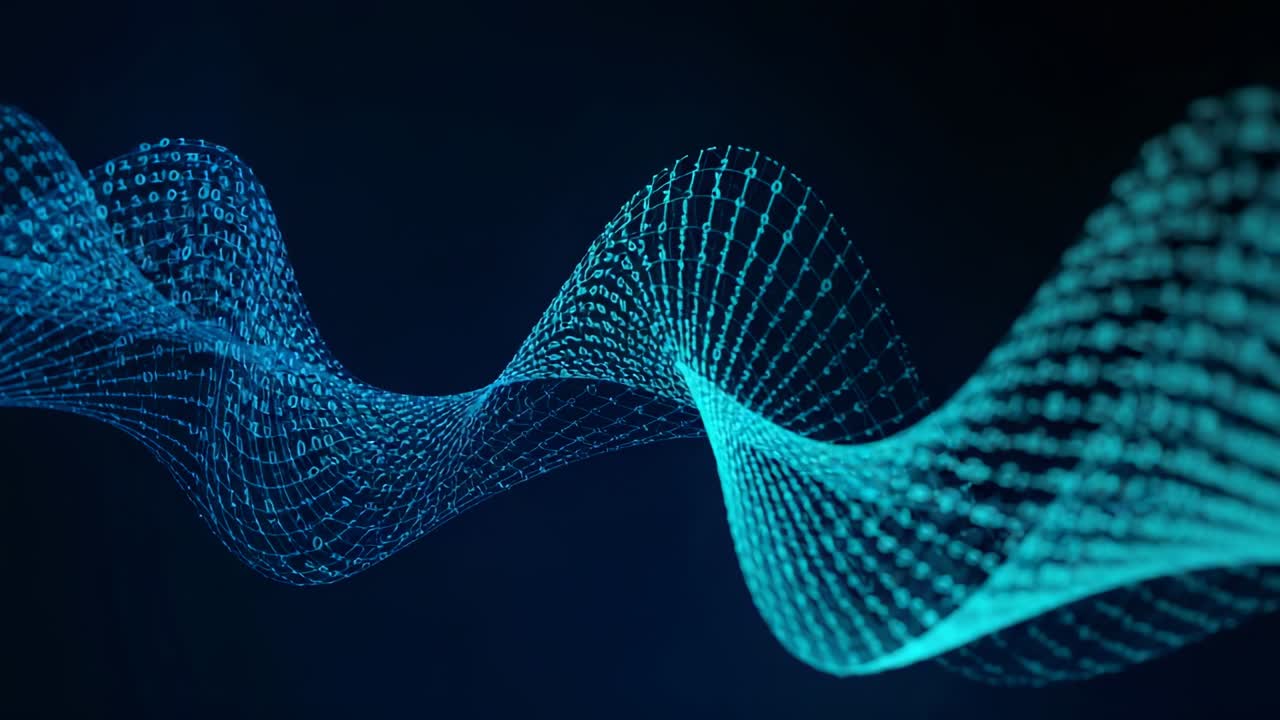 Emerging from left binary-data ribbon undulating across dark navy-blue void, visualizing data flow